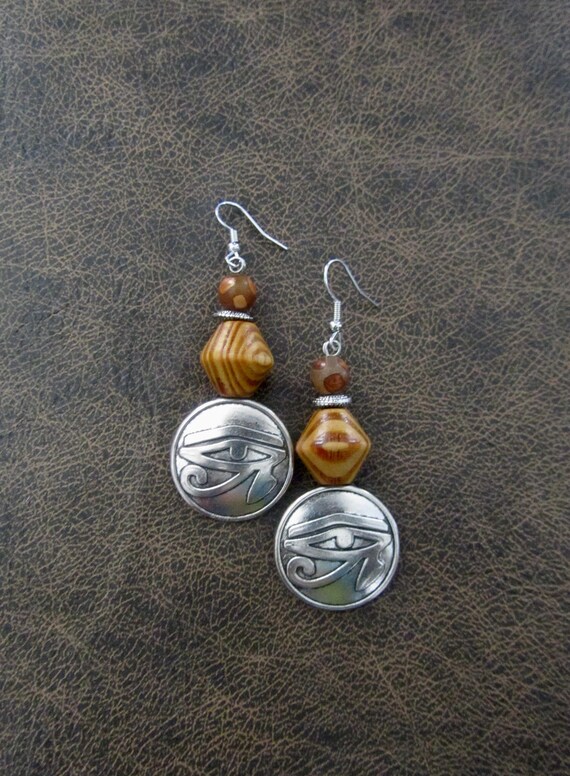 Egyptian African earrings, bold statement earrings, ethnic tribal earrings, wooden earrings, Afrocentric eye of Ra earrings, mythology 90