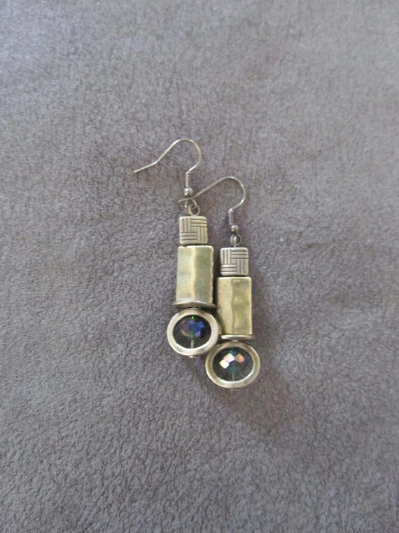 Antique Bronze Green Crystal Earrings: Artisan Boho Chic Jewelry