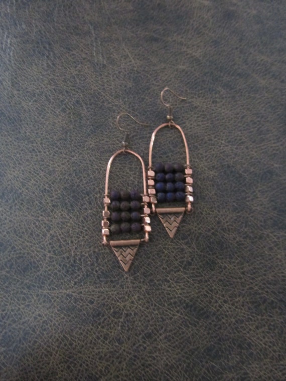 Lava rock chandelier earrings copper and purple