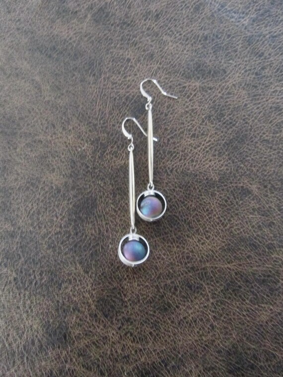 Silver pendulum earrings, rainbow druzy agate