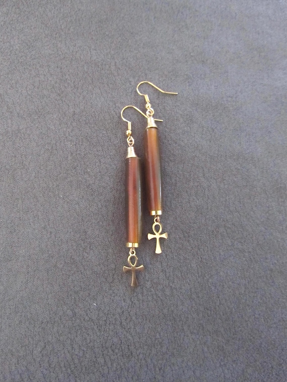Orange bone and brass ankh earrings