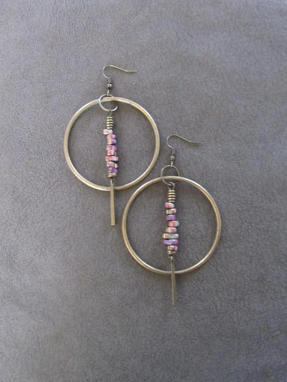 Hammered bronze hoop earrings, industrial eletroplated nugget earrings