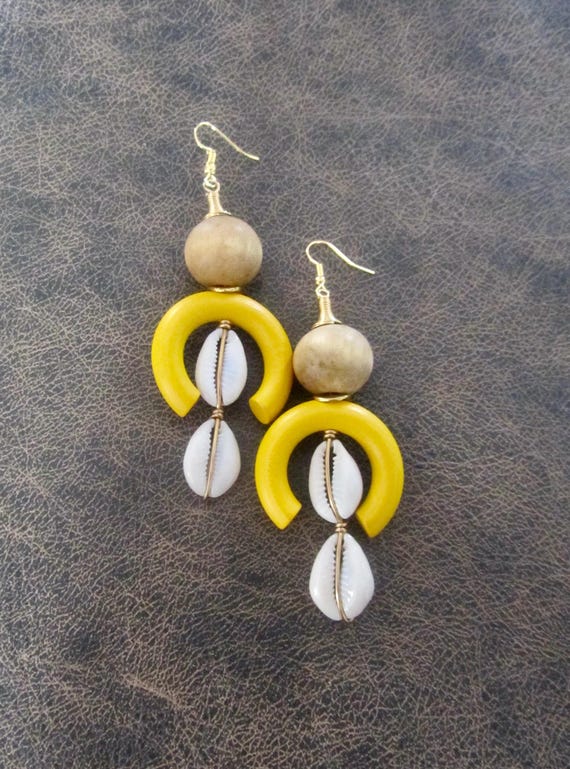 Bold chunky cowrie shell and yellow wooden earrings 2