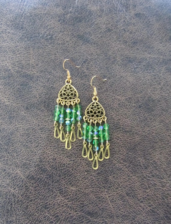 Crystal and gold chandelier earrings green 2