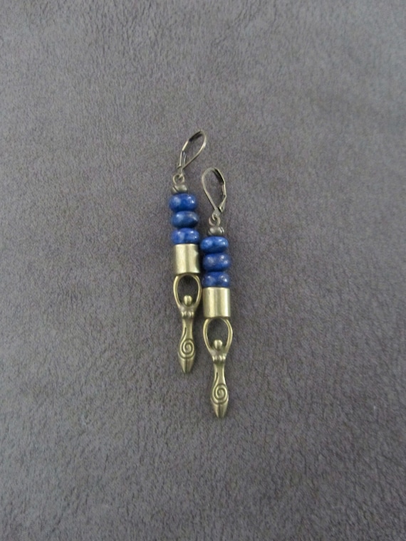 Blue stone earrings, unique bronze mid century modern earrings, boho chic earrings, goddess female figure earrings