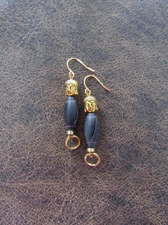 Buddha earrings, black stone and gold earrings