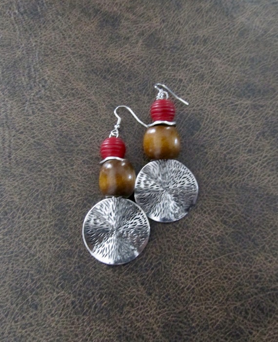 Large hammered silver and wooden earrings, red