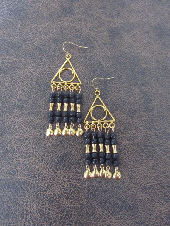 Black and antique gold chandelier earrings