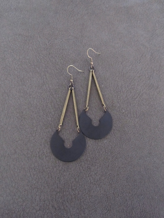 Geometric black and bronze mid century modern earrings