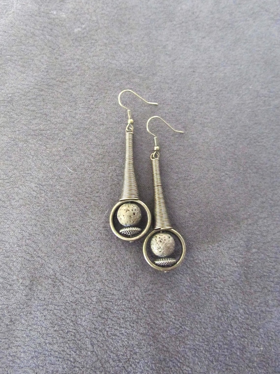 Lava rock and bronze mid century modern earrings