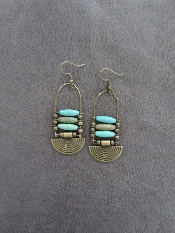 Ethnic earrings,  Afrocentric earrings, boho earrings, tribal earrings, bronze and teal rustic earrings, bold earrings, modern