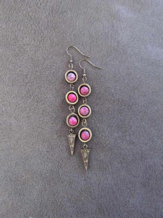 Pink jasper and bronze dangle earrings