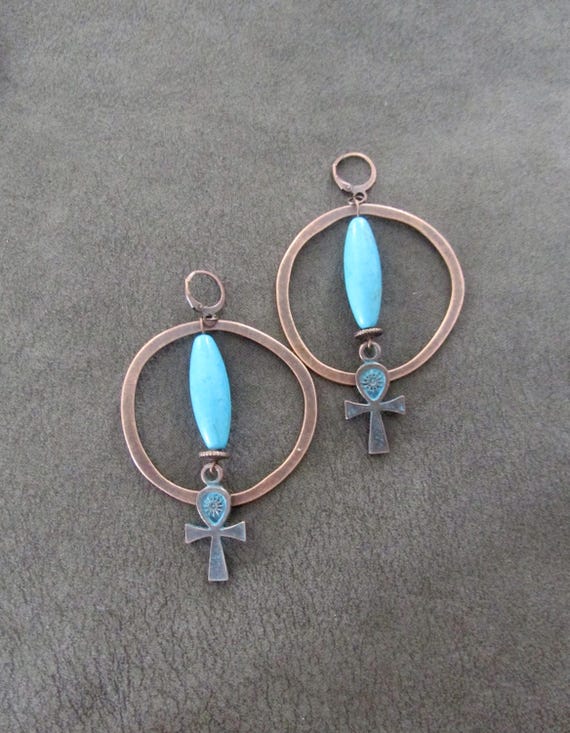 Patina copper ankh hoop earrings