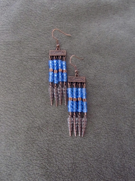 Unique seed bead chandelier earrings, periwinkle and copper