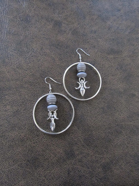Silver goddess hoop earrings, gray