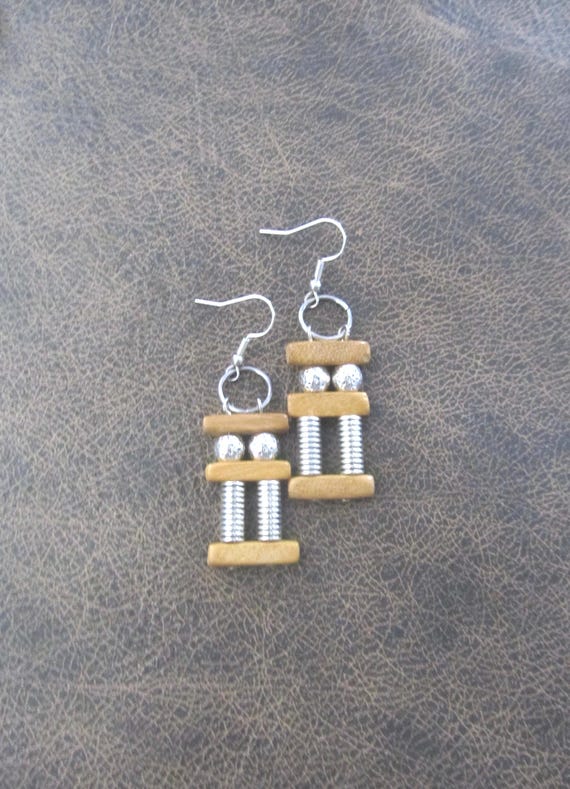 Mid century modern wooden and silver earrings