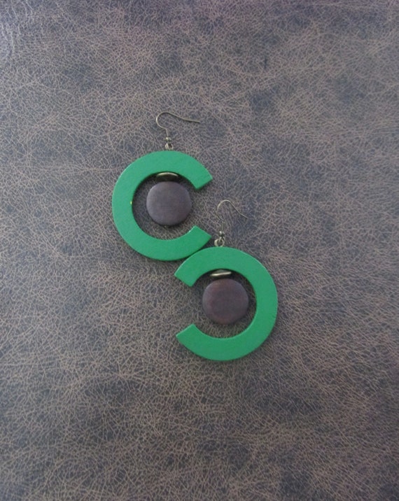 Wooden earrings, bold earrings, statement earrings, geometric earrings, green earrings, unique earrings
