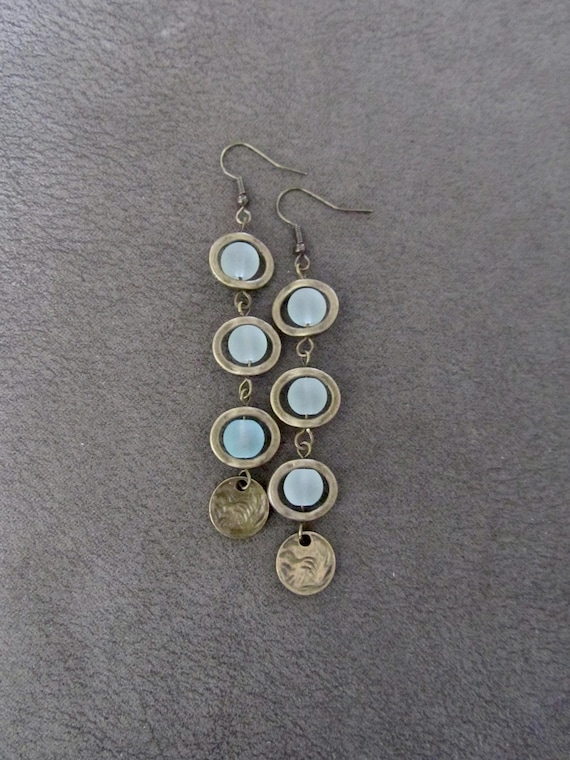 Sea green frosted glass and bronze dangle earrings 2