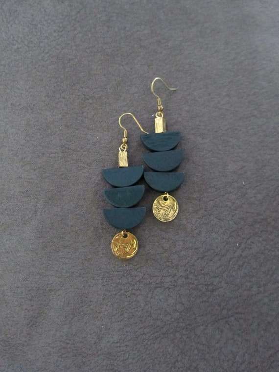 Green wooden earrings, mid century modern earrings, bold statement, unique pagoda earrings, gold