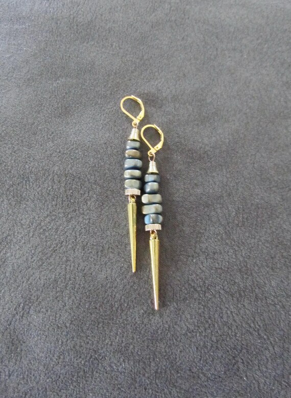 Abstract teal nugget and gold spike earrings