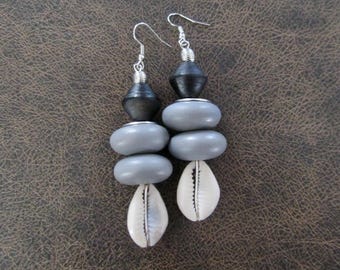 Bold chunky cowrie shell and gray wooden earrings