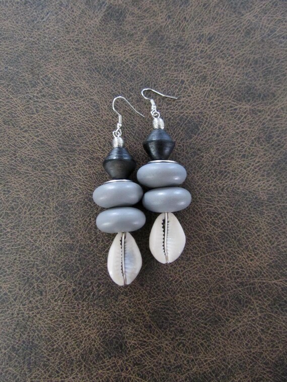 Bold chunky cowrie shell and gray wooden earrings
