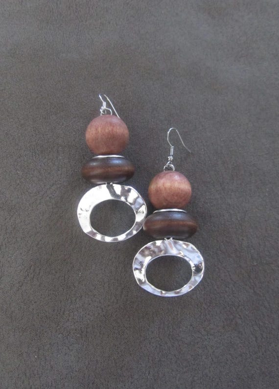 Chunky earth toned and hammered silver earrings