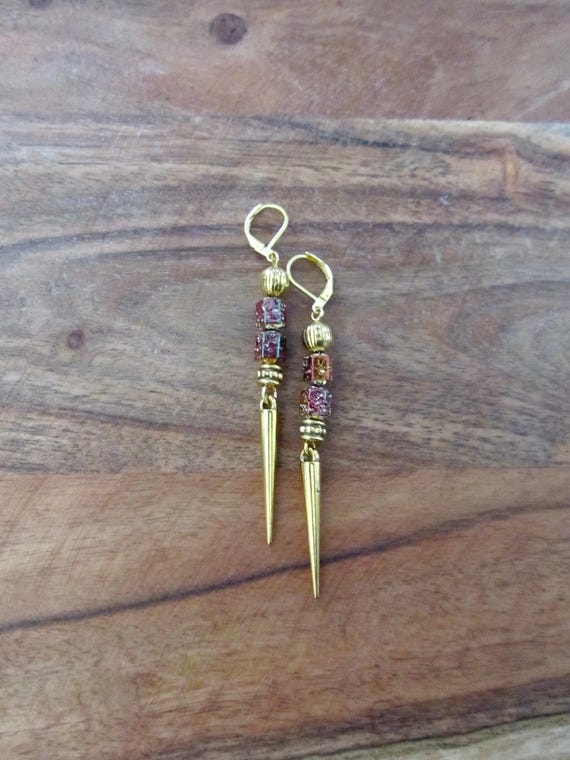 Gold and multicolor lava rock spike earrings