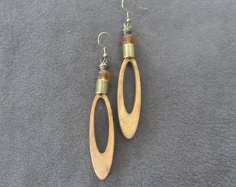 Long Wood Oval Earrings, Frosted Glass Beads, Boho Geometric Jewelry