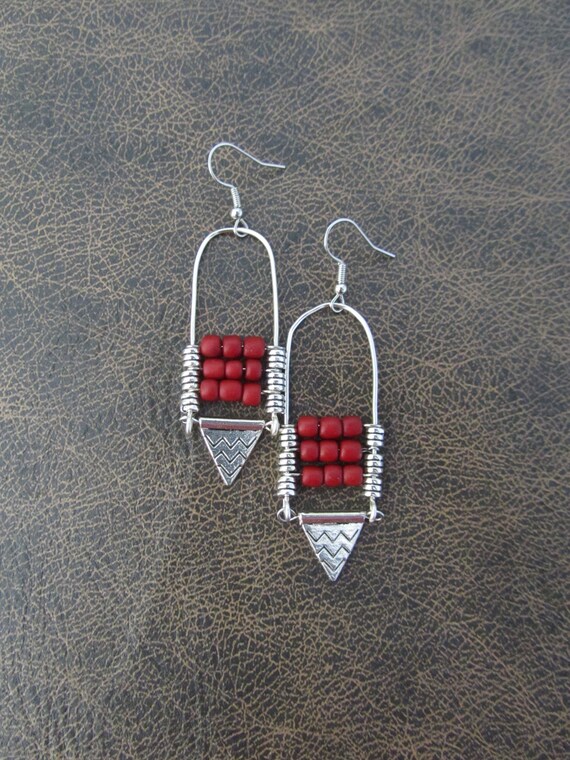 Ethnic red and silver statement earrings