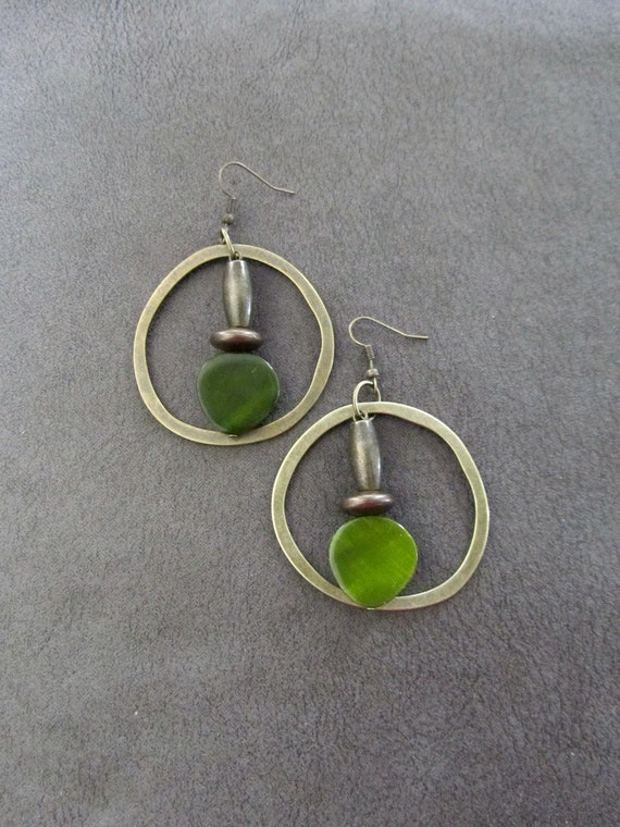 Bronze and green mother of pearl shell teardrop hoop earrings
