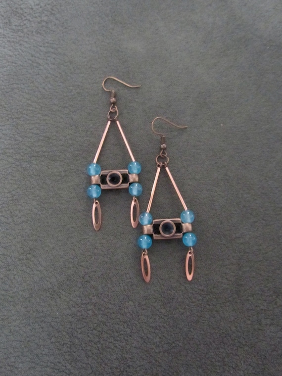 Copper mid century modern earrings, blue