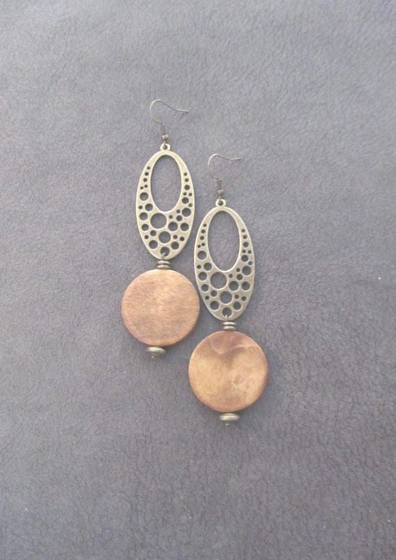Mid Century Modern Wood Bronze Dangle Earrings, Afrocentric Statement Jewelry