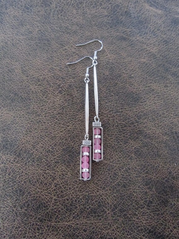 Long pink sea glass and silver earrings