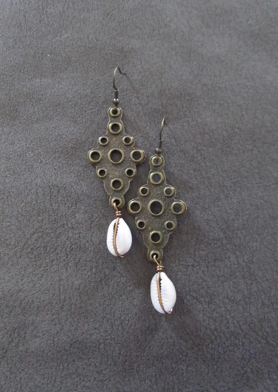 Cowrie shell earrings, Brutalist bronze African earrings, mid century earrings, modern earrings, bold earrings, Afrocentric earrings 13