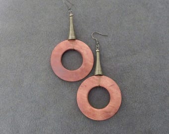 Large Stained Wood Earrings: Antique Bronze Afrocentric Boho Style