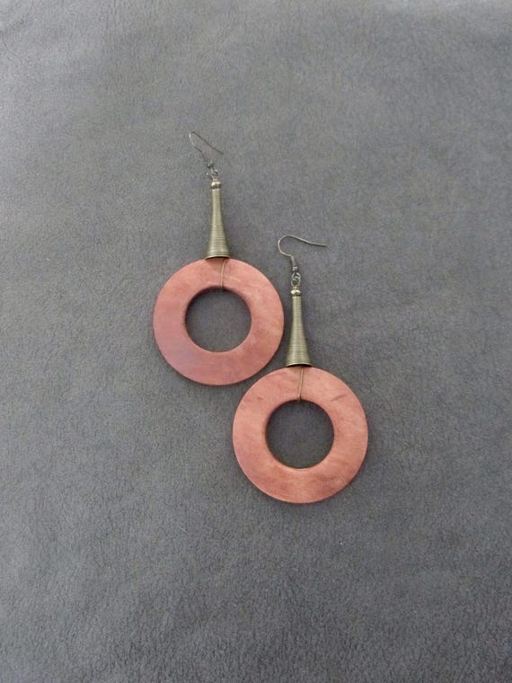 Huge earrings, Natural wood earrings, African Afrocentric earrings, boho bohemian earrings, antique bronze mid century modern earrings
