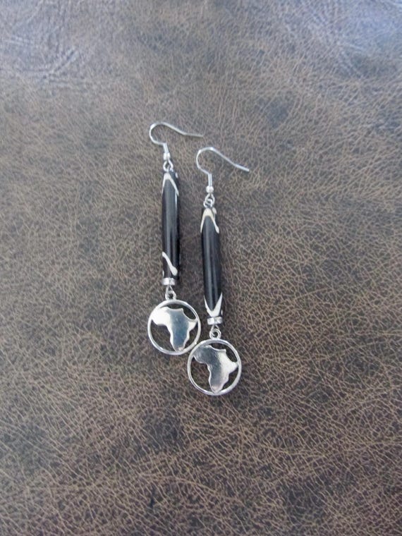 Carved bone and silver Africa  earrings