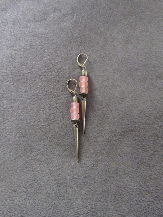 Peach frosted glass earrings, bronze spike