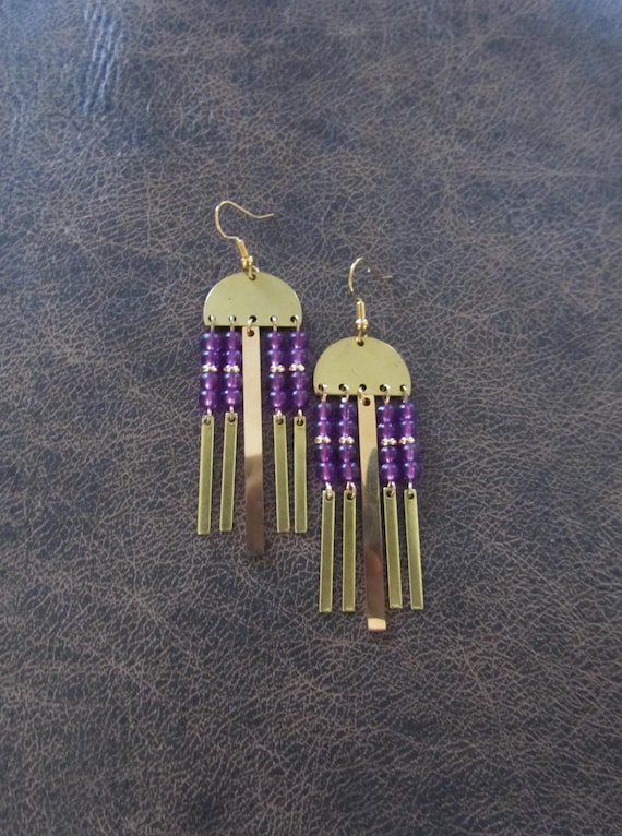 Purple seed bead and brass earrings
