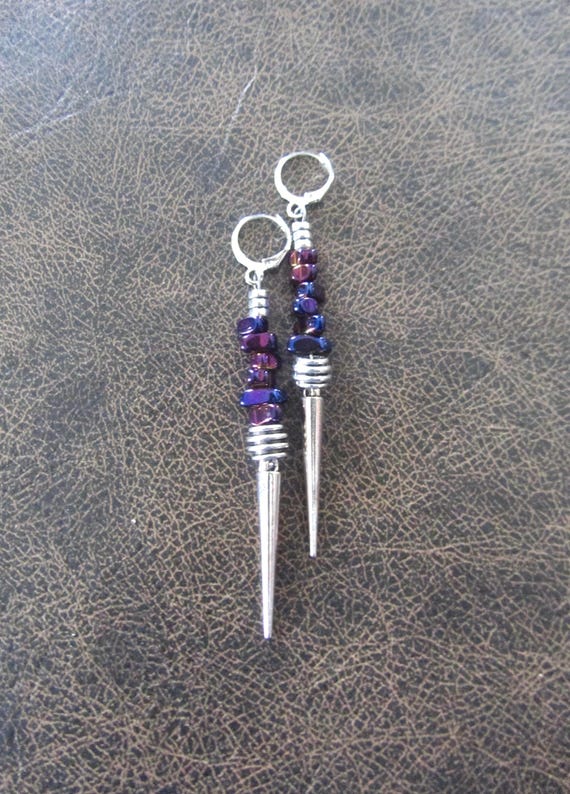 Abstract purple nugget and silver spike earrings