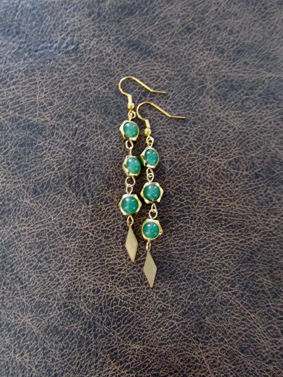 Brass and green geometric hexagon earrings