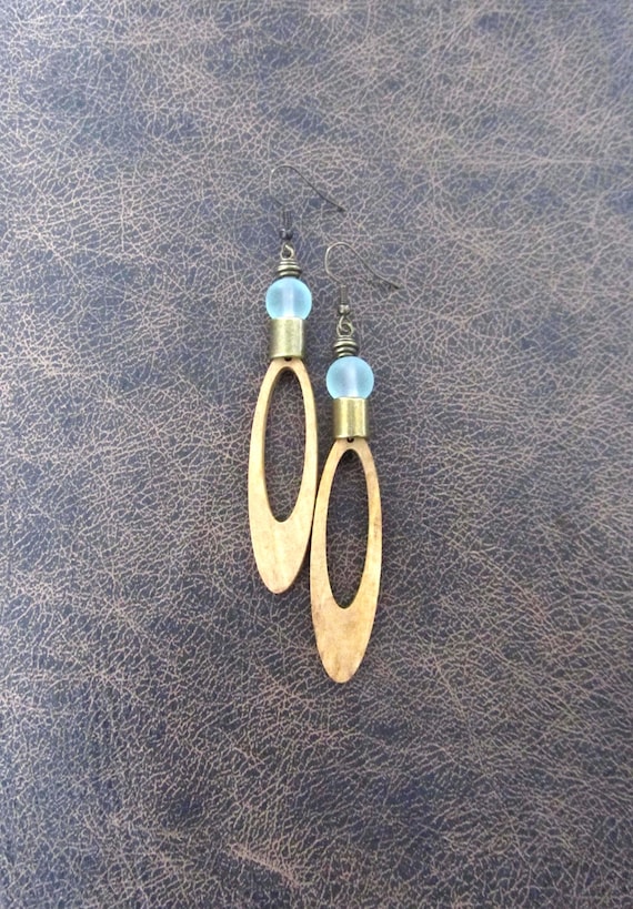 Long Wood Earrings: Sea Green Glass, Afrocentric Jewelry