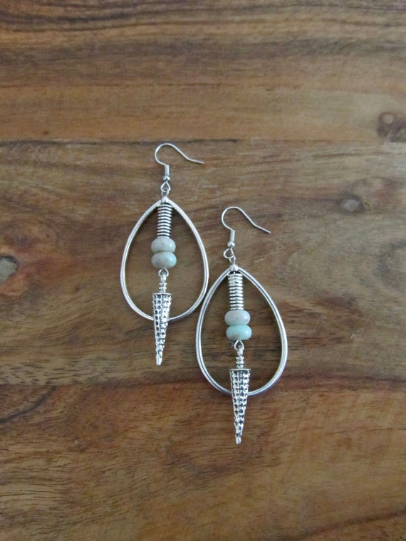 Stone and silver tear drop hoop earrings