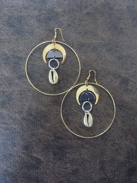 Large brass and cowrie shell hoop earrings