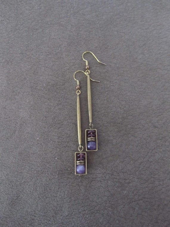 Purple stone and bronze boho earrings, artisan earring, simple chic