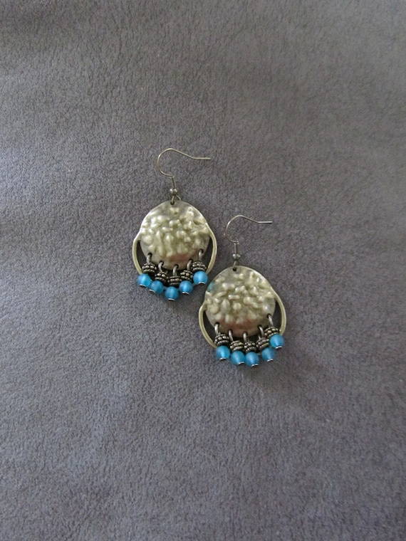 Teal frosted glass and hammered bronze chandelier earrings
