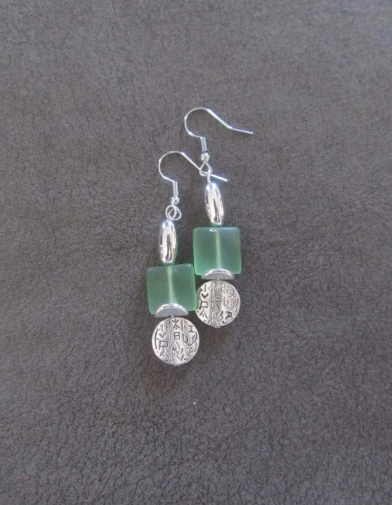 Green sea glass earrings, boho chic earrings, tribal ethnic earrings, bold earrings, silver earrings, unique artisan earrings, small