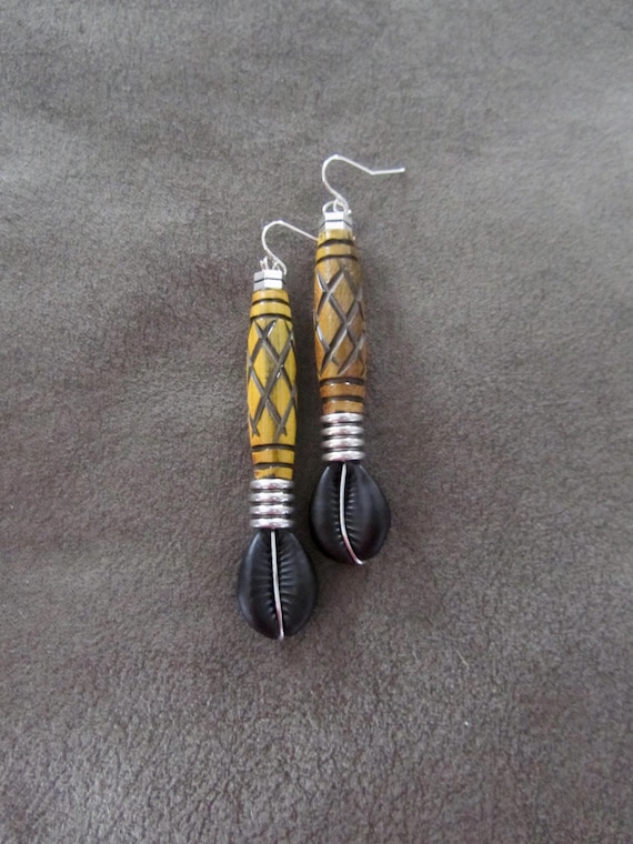 Cowrie shell and carved bone earrings