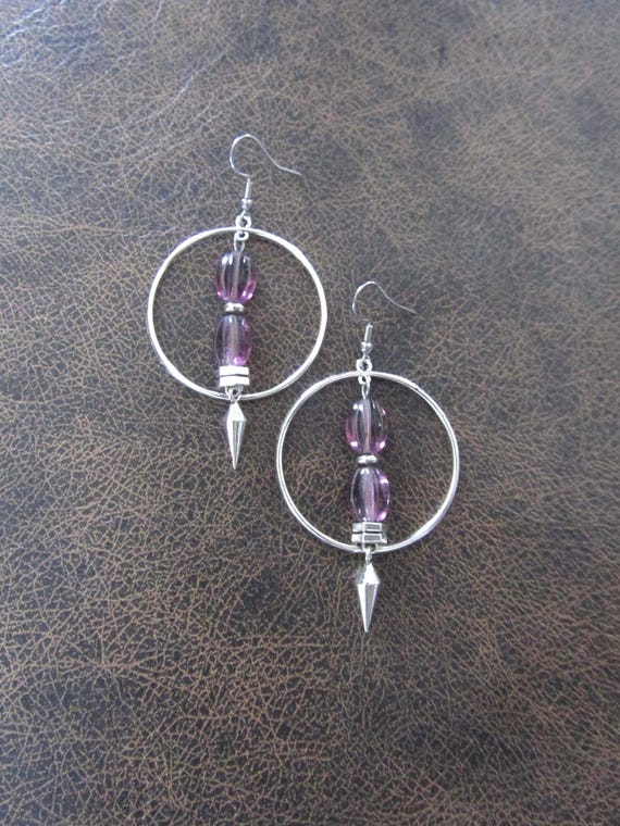 Silver and purple glass hoop earrings